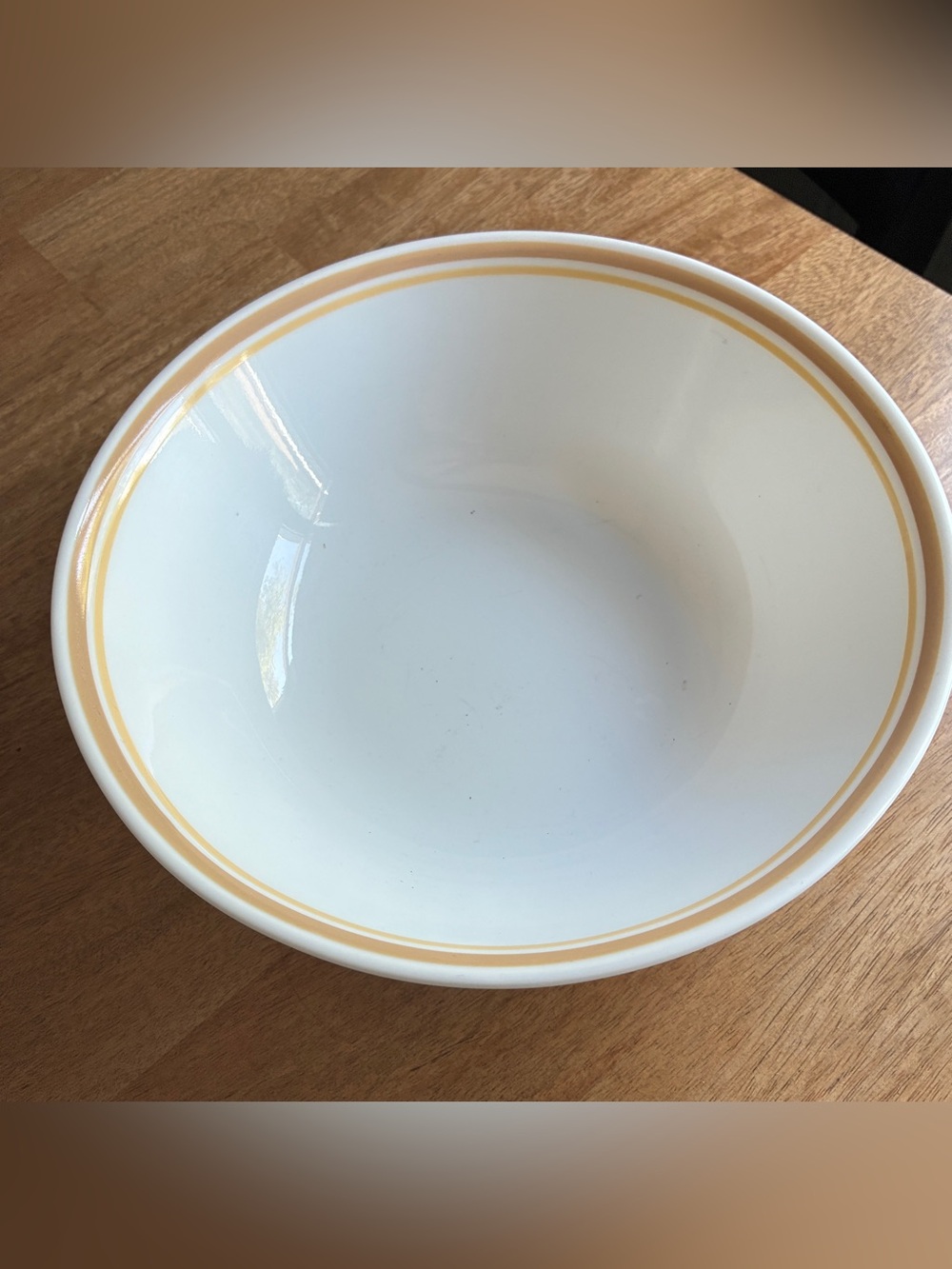 Corelle Corning "Almond" (or "Almond Citrus") rim soup/pasta bowl.